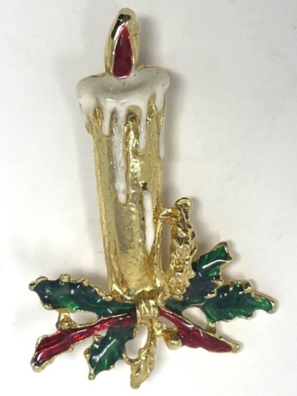 Vintage Gold Candle Brooch with Holly Leaves & Red Berries Christmas Holiday Pin